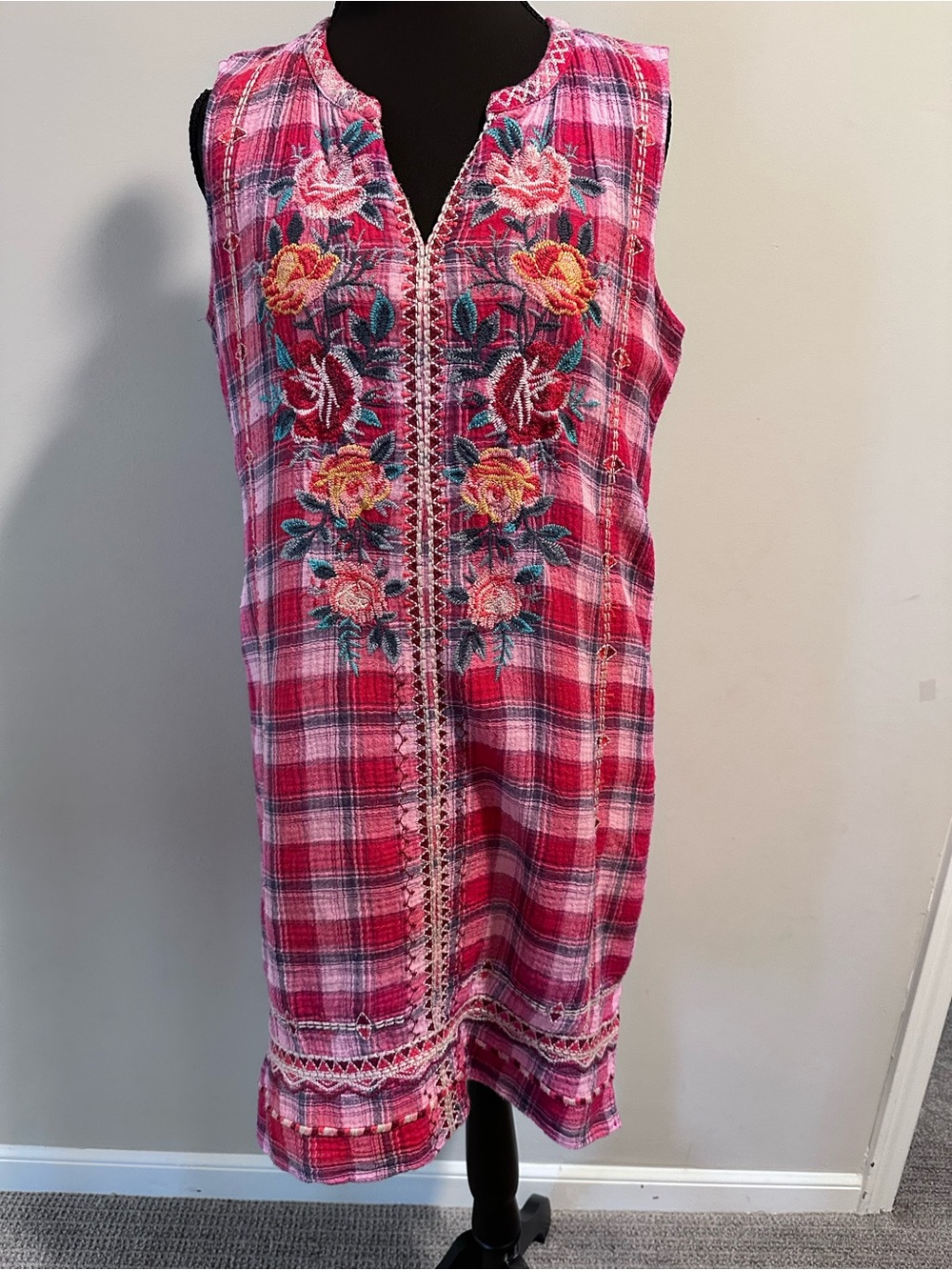 Johnny Was Workshop Nadia Peasant Plaid Sleeveless Embroidered Shift Dress